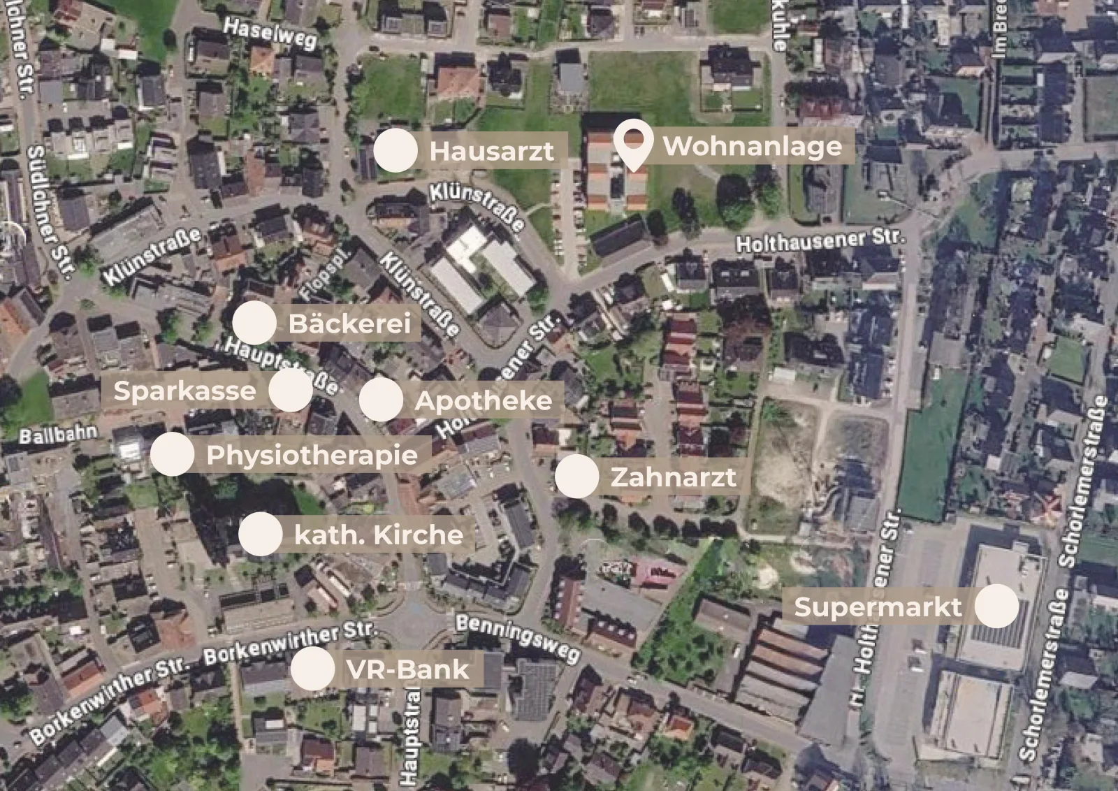 Lageplan von Weseke: Lage der Wohnanlage in der Dorfmitte mit fußläufig erreichbaren Einrichtungen wie Hausarzt, Zahnarzt, Apotheke, Physiotherapie, Bäckerei, Supermarkt, Sparkasse, VR-Bank und Kirche